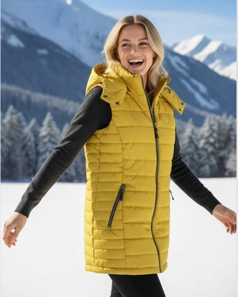 Verlängerte, limettefarbene Steppweste – sportiv, modern, vielseitig