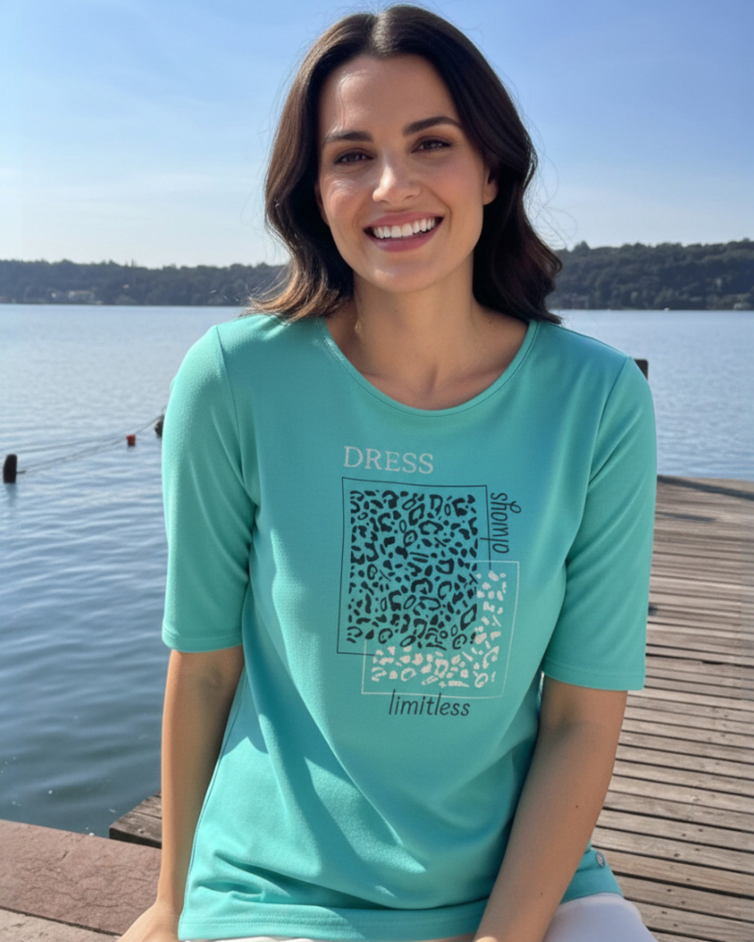 Mint Fresh Jerseyshirt mit Print – verlängerter 1/2 Arm