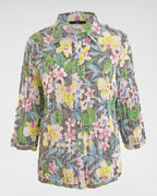 3/4 Arm Ausbrennerbluse Multicolor – Leichte Damenbluse auf dunkelblauem Fond