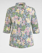 Ausbrennerbluse Multicolor – Leichte Damenbluse auf dunkelblauem Fond