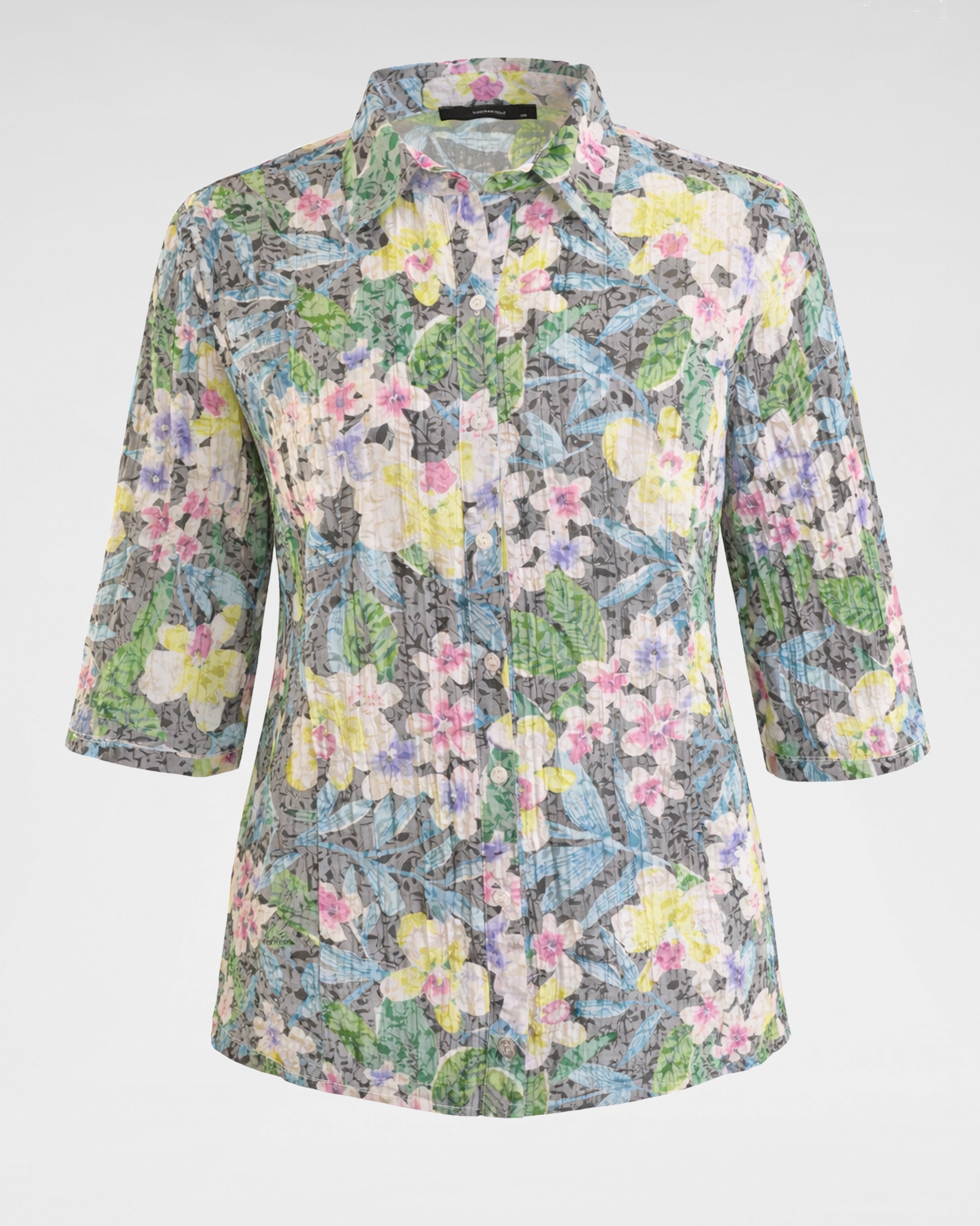 Ausbrennerbluse Multicolor – Leichte Damenbluse auf dunkelblauem Fond