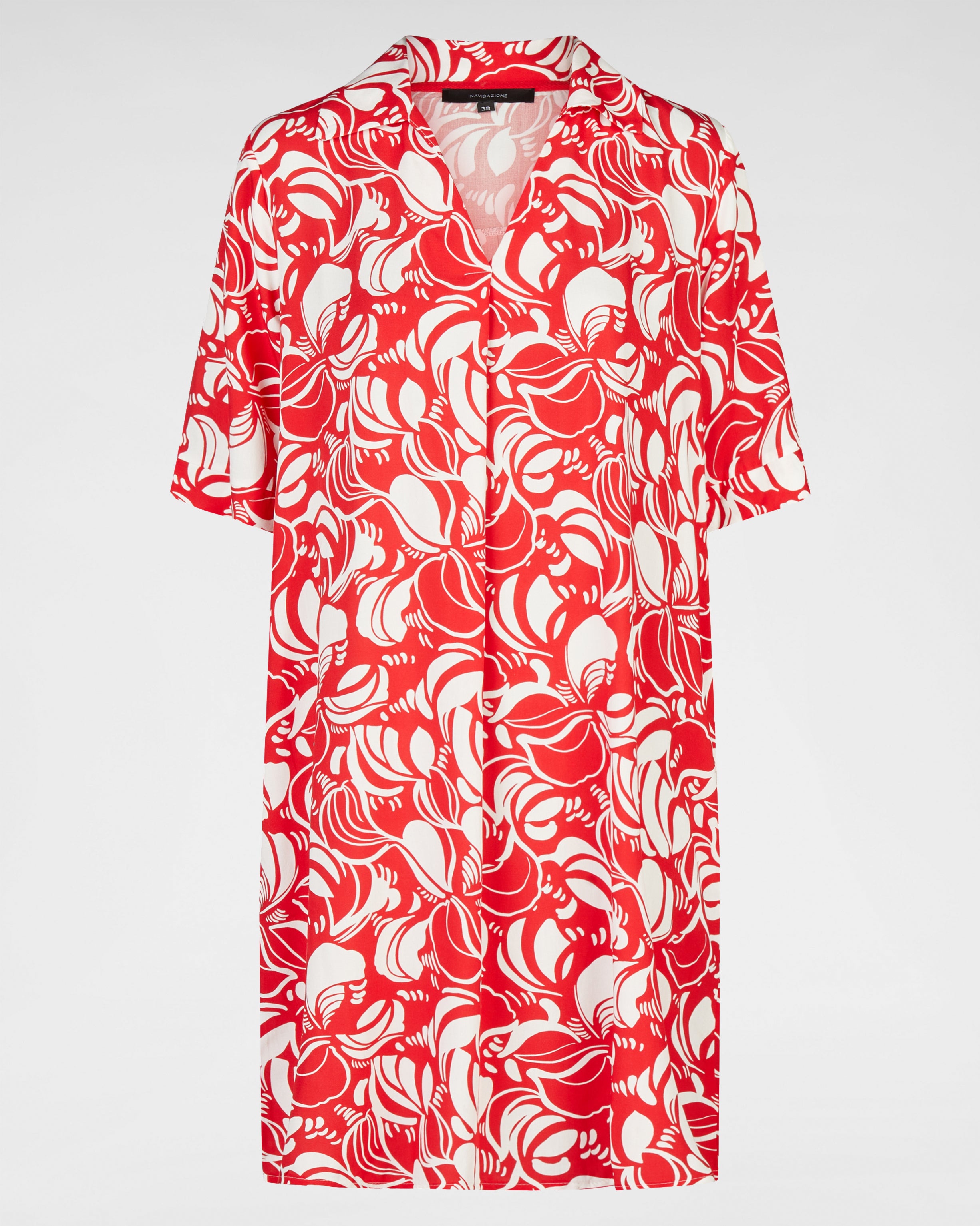 💚🤍🩷 Florales Viskosekleid „Riviera“ – Leichtes Halbarmkleid mit Kragen in Rot/Weiß