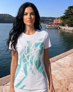 T-Shirt Weiß mit Türkis-Print & Strass – Stylisches Fashion Statement für jeden Tag