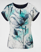 Damen Shirt mit floralem Print – Elegantes Shirt in Türkis & weiß, leicht & feminin
