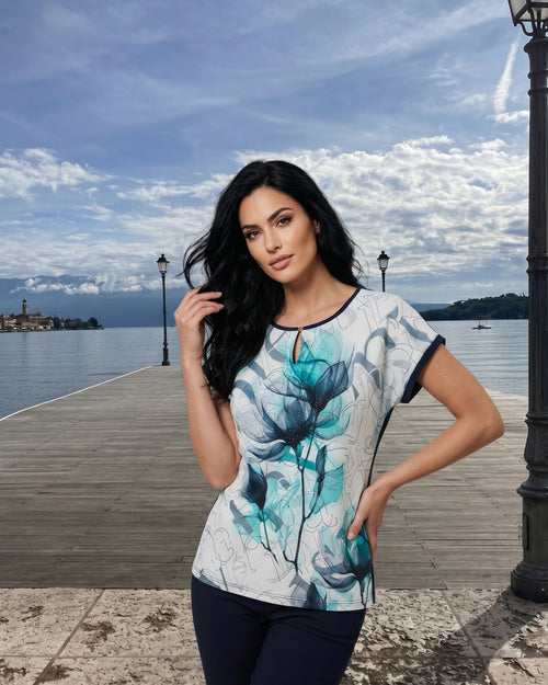 Damen Shirt mit floralem Print – Elegantes Shirt in Türkis & weiß, leicht & feminin