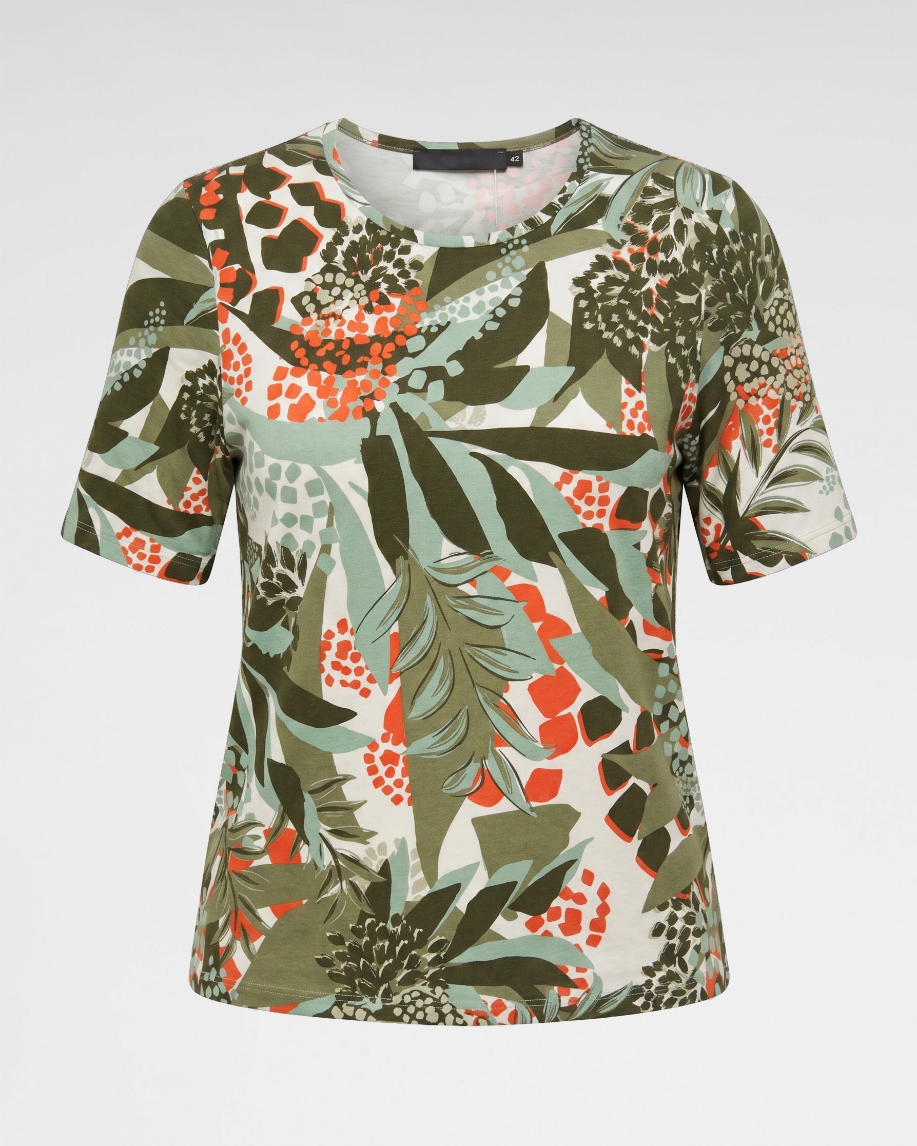 Shirt mit Tropical-Print – Sommerliches Kurzarmshirt in Khaki-Coral