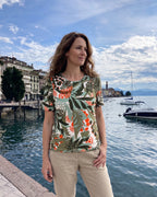 Shirt mit Tropical-Print – Sommerliches Kurzarmshirt in Khaki-Coral