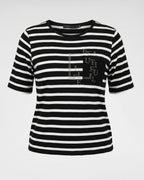Halbarm Streifenshirt mit eleganter „BEAUTIFUL“ Strass-Tasche