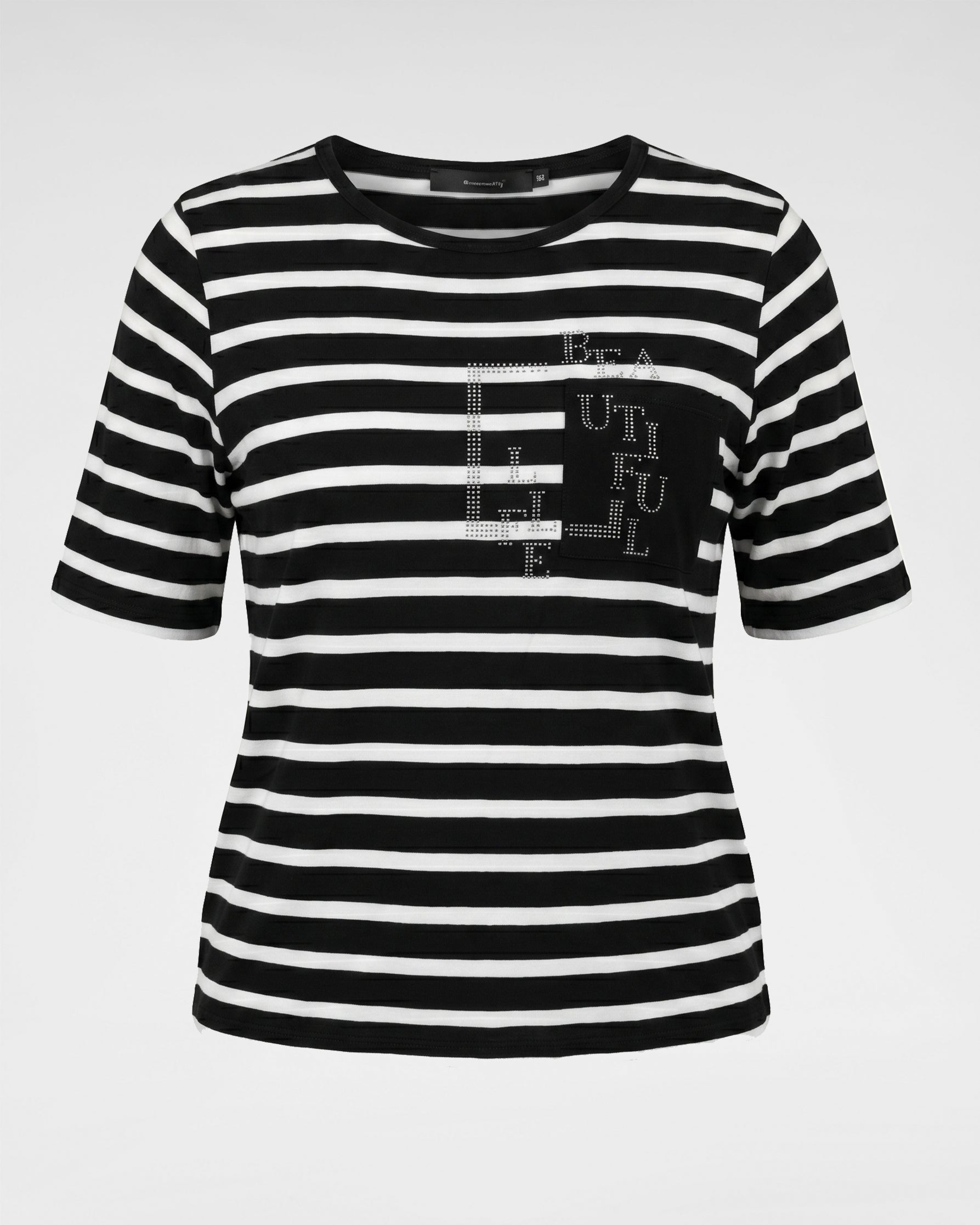 Halbarm Streifenshirt mit eleganter „BEAUTIFUL“ Strass-Tasche