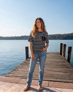 Halbarm Streifenshirt mit eleganter „BEAUTIFUL“ Strass-Tasche