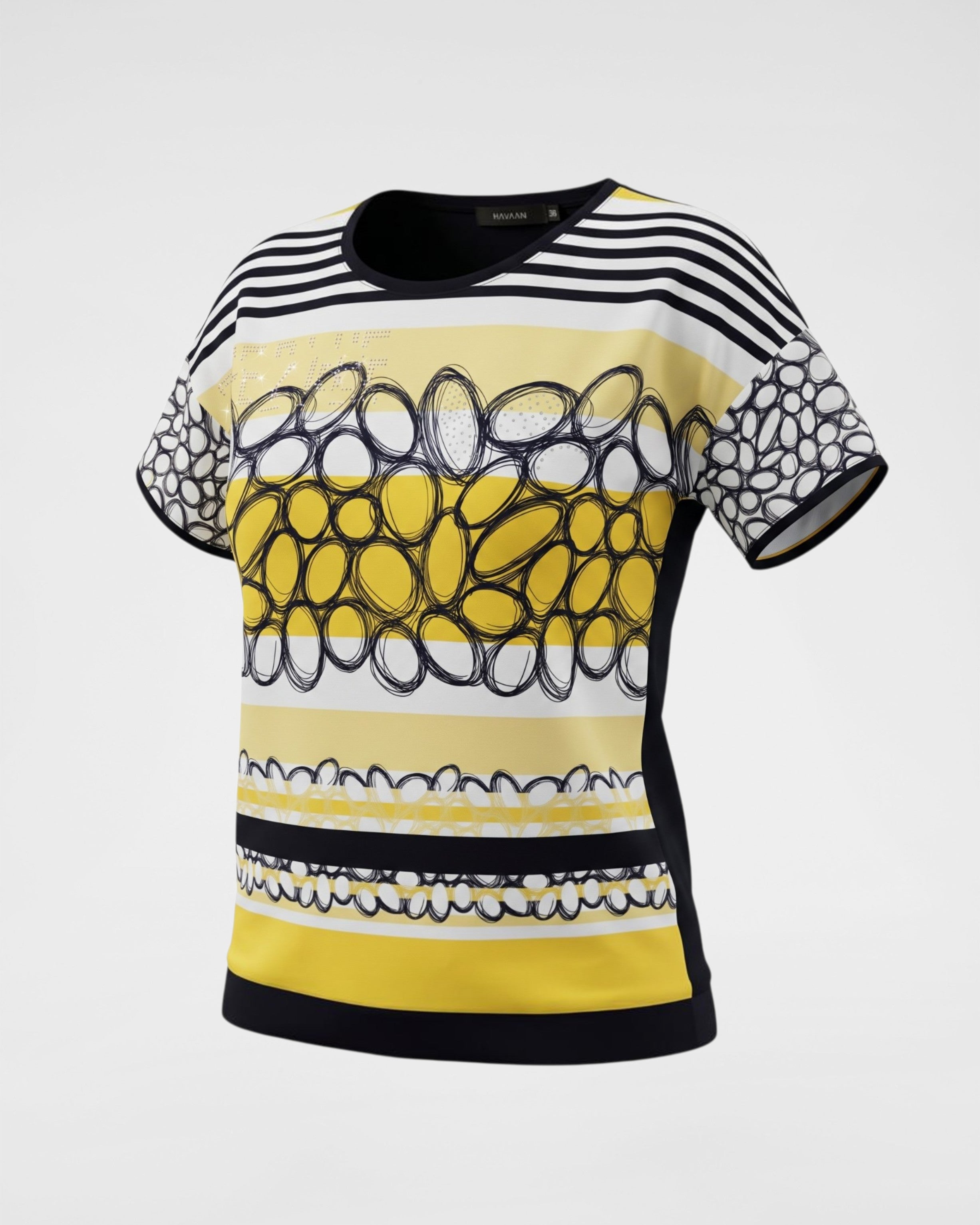 T-Shirt mit Allover-Print – Modisches Kurzarmshirt in Gelb, Schwarz & Weiß