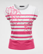 Shirt mit überschnittener Schulter, Streifen und Blumen-Print – Pink-Weiß