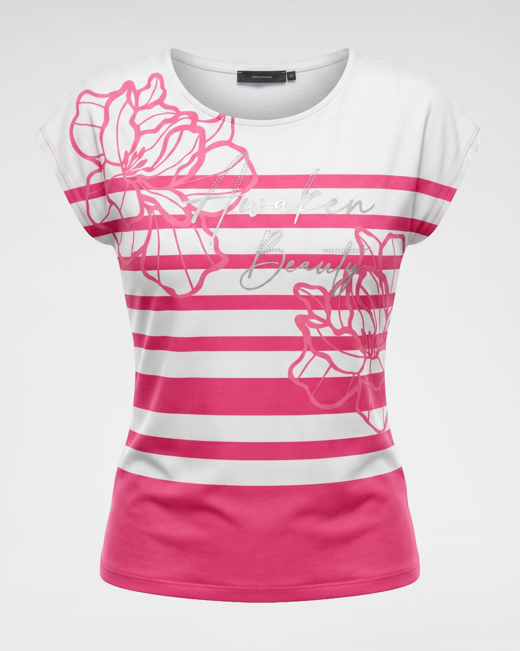 Shirt mit überschnittener Schulter, Streifen und Blumen-Print – Pink-Weiß
