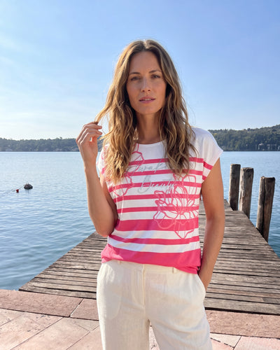 Shirt mit Rundhals, Streifen- & Blumenprint + Silberprint