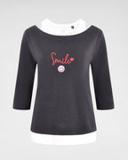 2-in-1 Shirt 3/4 Arm in navy/weiß mit Smiley Stickerei