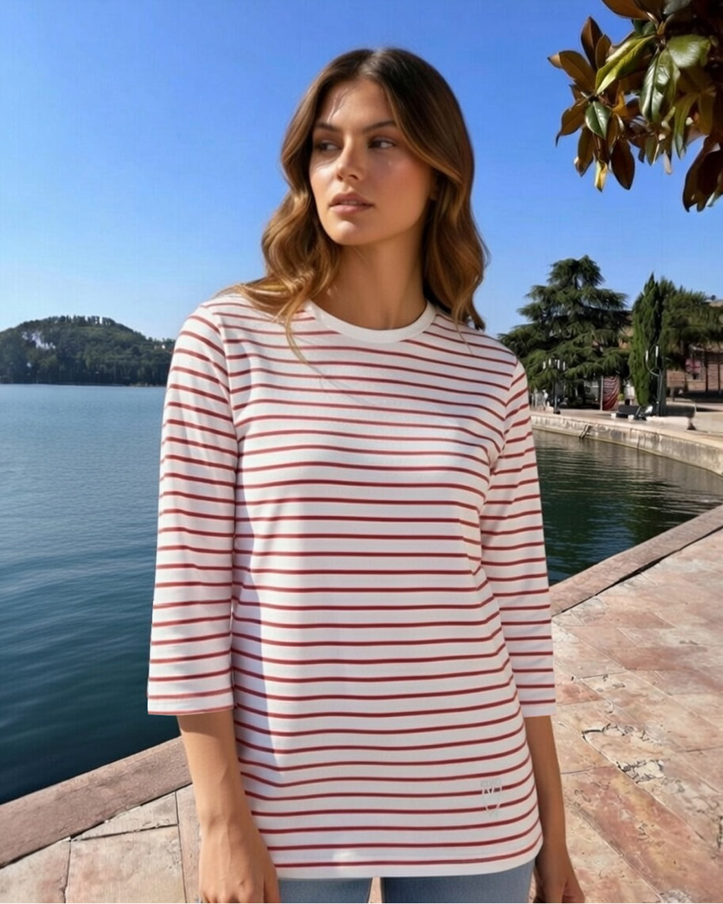 Sportives 3/4 Arm Sweatshirt im Bretonischen Streifen – Damen Sweatshirt Weiß/Rot