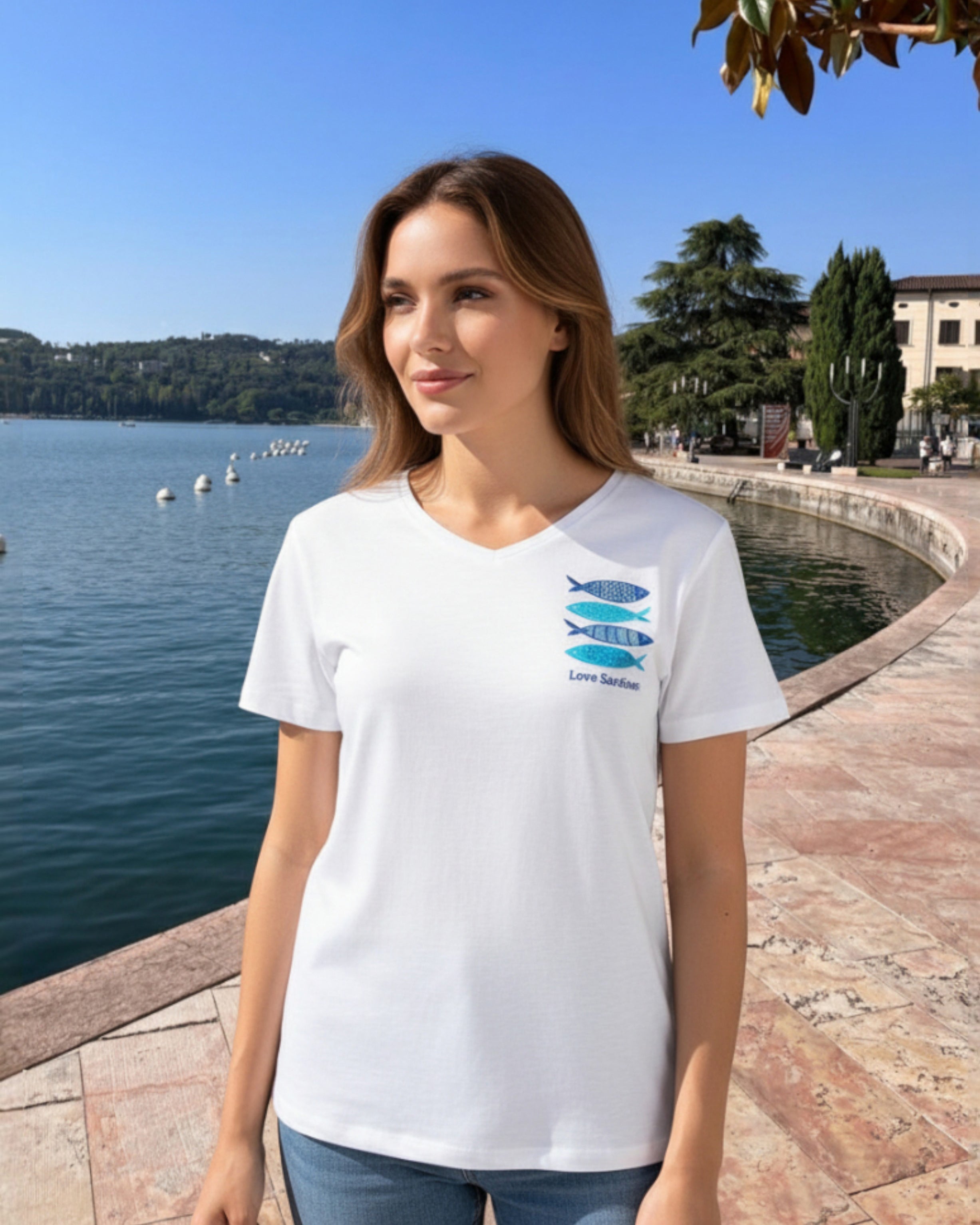 Stylisches Shirt mit V-Ausschnitt – Love Sardines Design