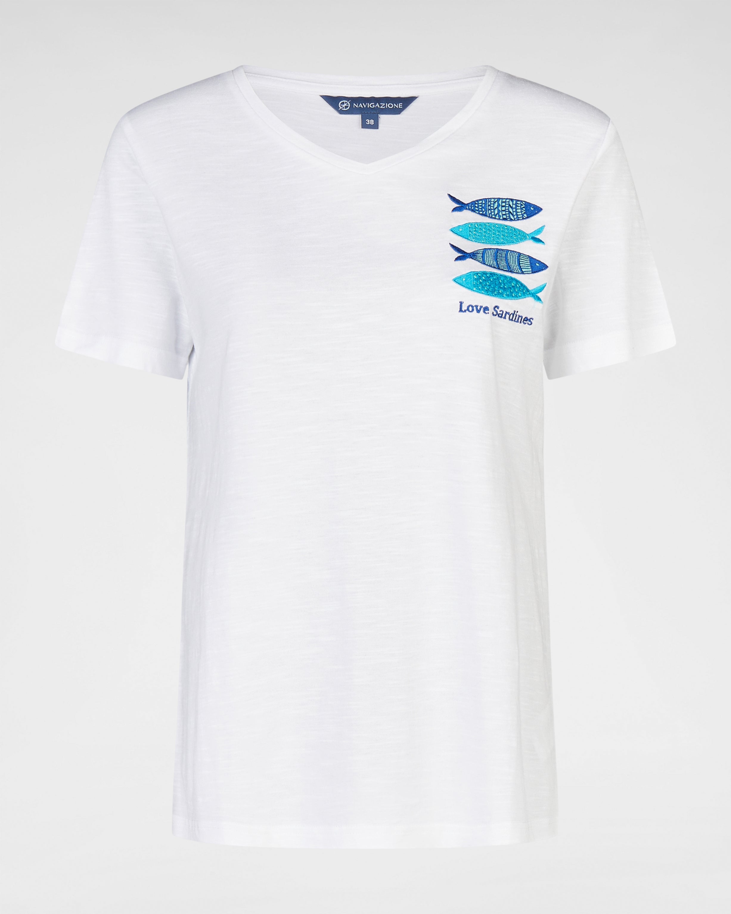 Stylisches Shirt mit V-Ausschnitt – Love Sardines Design