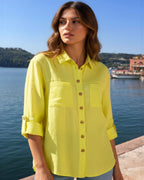 Sommerliche STRETCH Leinenbluse zum Krempeln in Gelb 💛