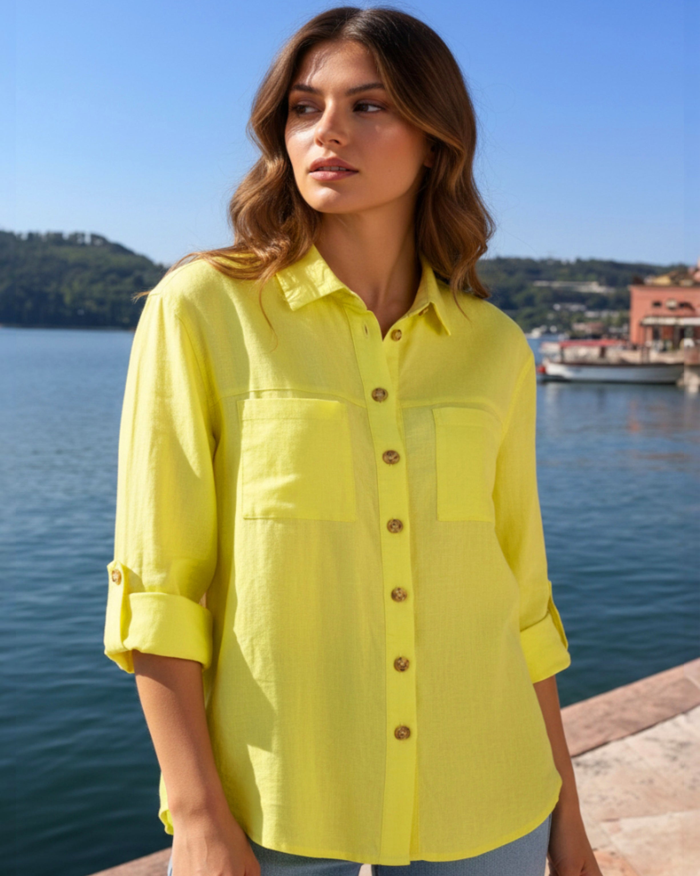 Sommerliche STRETCH Leinenbluse zum Krempeln in Gelb 💛