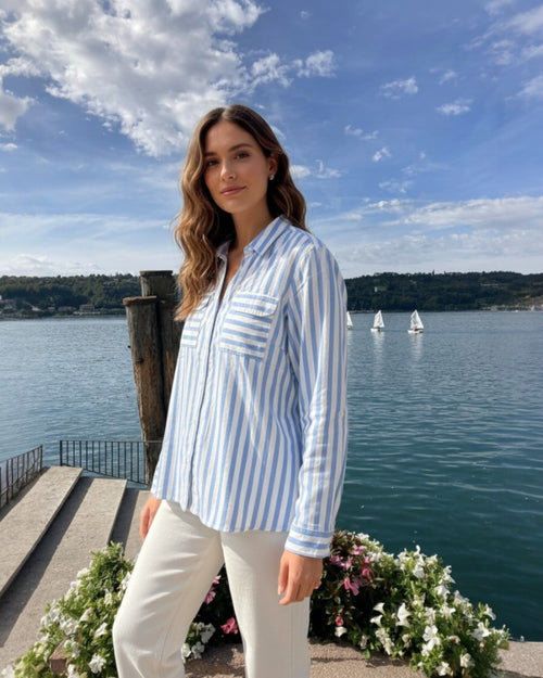 Damen Bluse gestreift Weiß/Sky – 1/1 Arm zum Krempeln