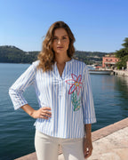 Tunika gestreift Weiß/Sky – 3/4 Arm mit Blumenstickerei