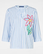 Tunika gestreift Weiß/Sky – 3/4 Arm mit Blumenstickerei