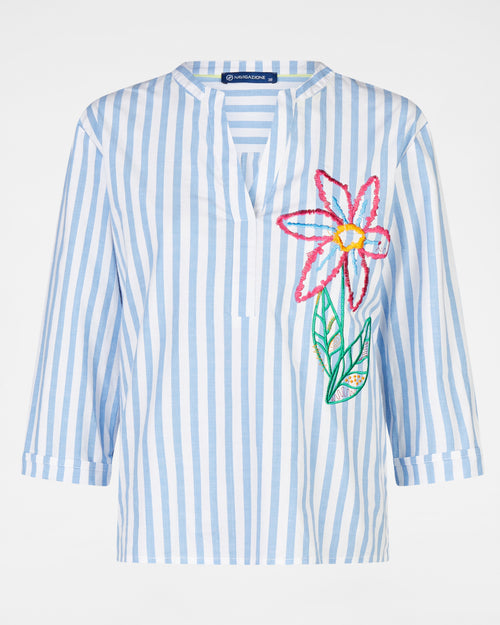 Tunika gestreift Weiß/Sky – 3/4 Arm mit Blumenstickerei