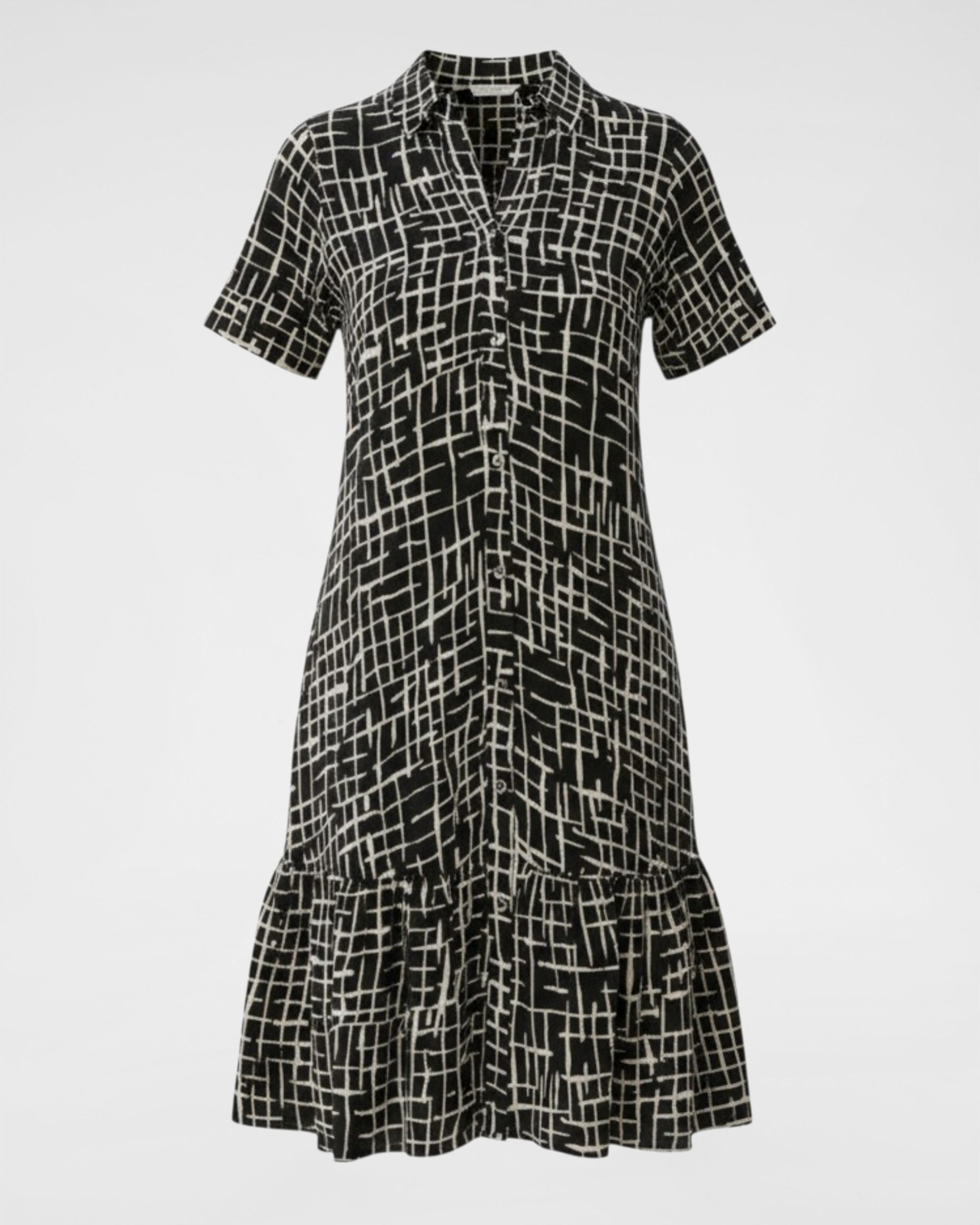 Schwarz-Weißes Hemdblusenkleid mit grafischem Muster – Modern & vielseitig