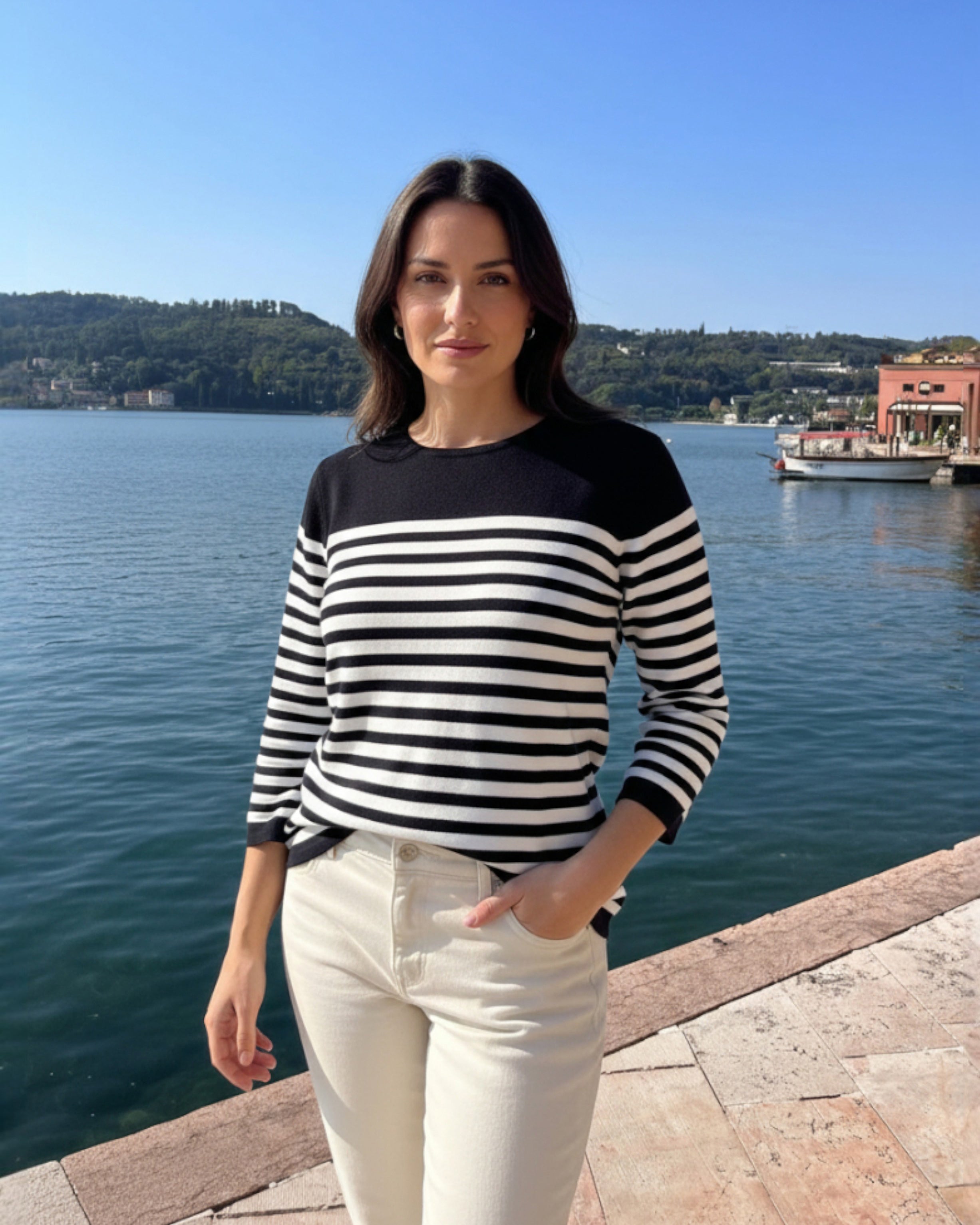 3/4-Arm Übergangspullover navy/weiß – Ottomanstrick geringelt