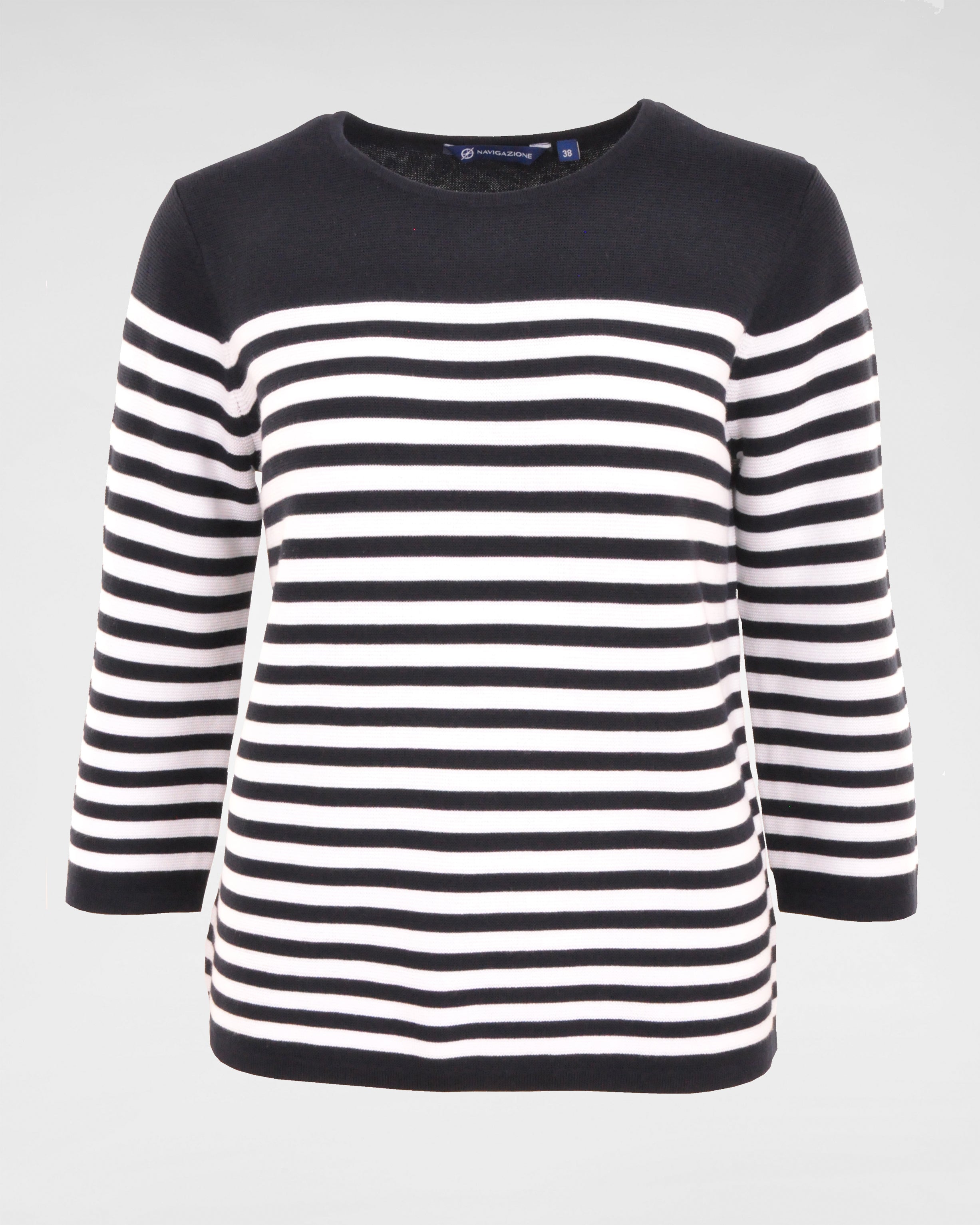 3/4-Arm Übergangspullover navy/weiß – Ottomanstrick geringelt