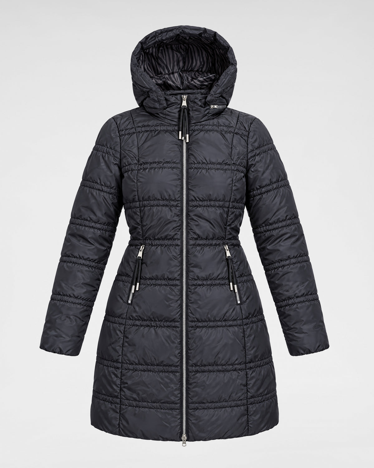 Longjacke mit abnehmbarer Kapuze in Schwarz – Freisteller #000000