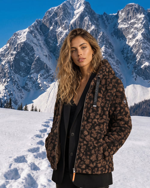 Teddyjacke mit Kapuze im Leo-Look schwarz/mokka