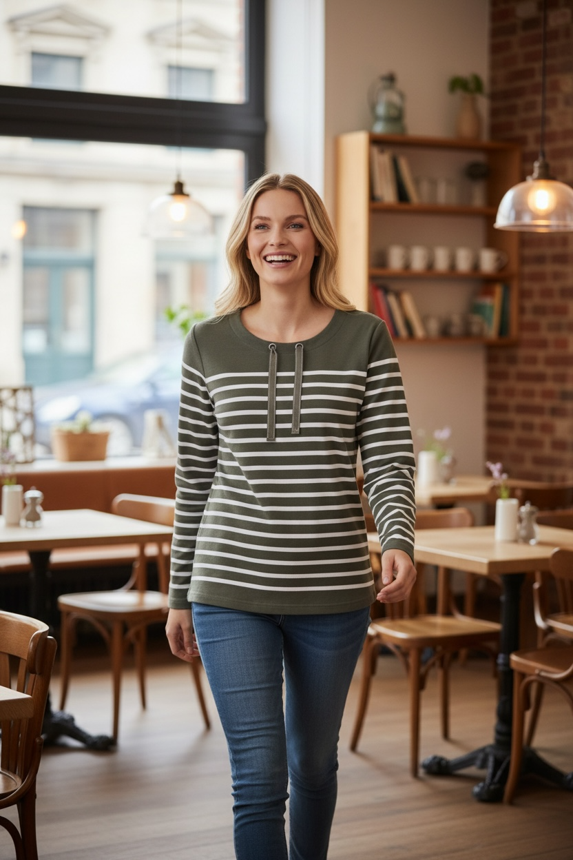 Damen Sweatshirt mit Streifen Oliv