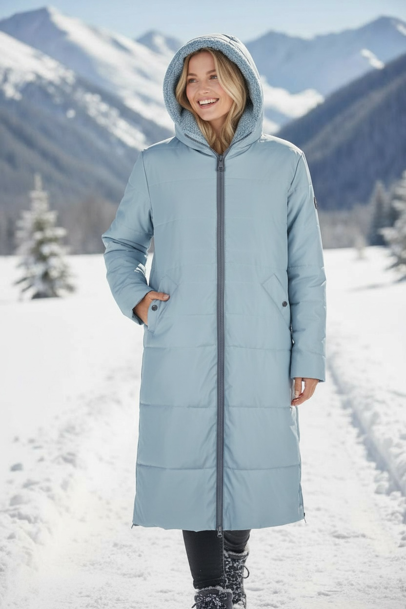 Damen Wintermantel Arctic Blue mit Teddyfutter in Kapuze