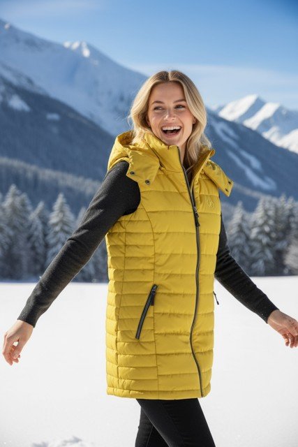 Damen Long Steppweste mit abnehmbarer Kapuze